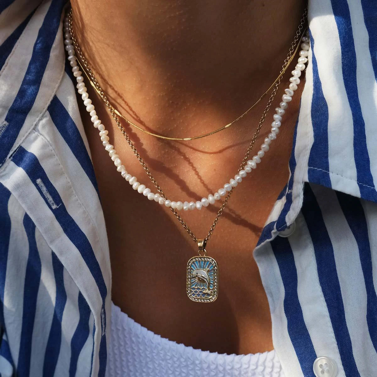 Colored Tarot Card Necklace Square Zirconia Pendant Seahorse Dolphin Brown Tree Marine Life Clavicle Chain Female