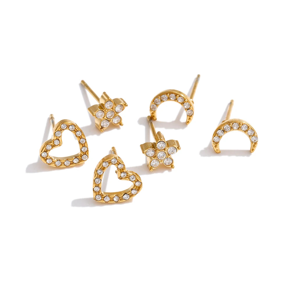Cubic Zirconia Heart Star Earrings — Gold-Plated Stainless Steel with Cubic Zirconia · PS1112