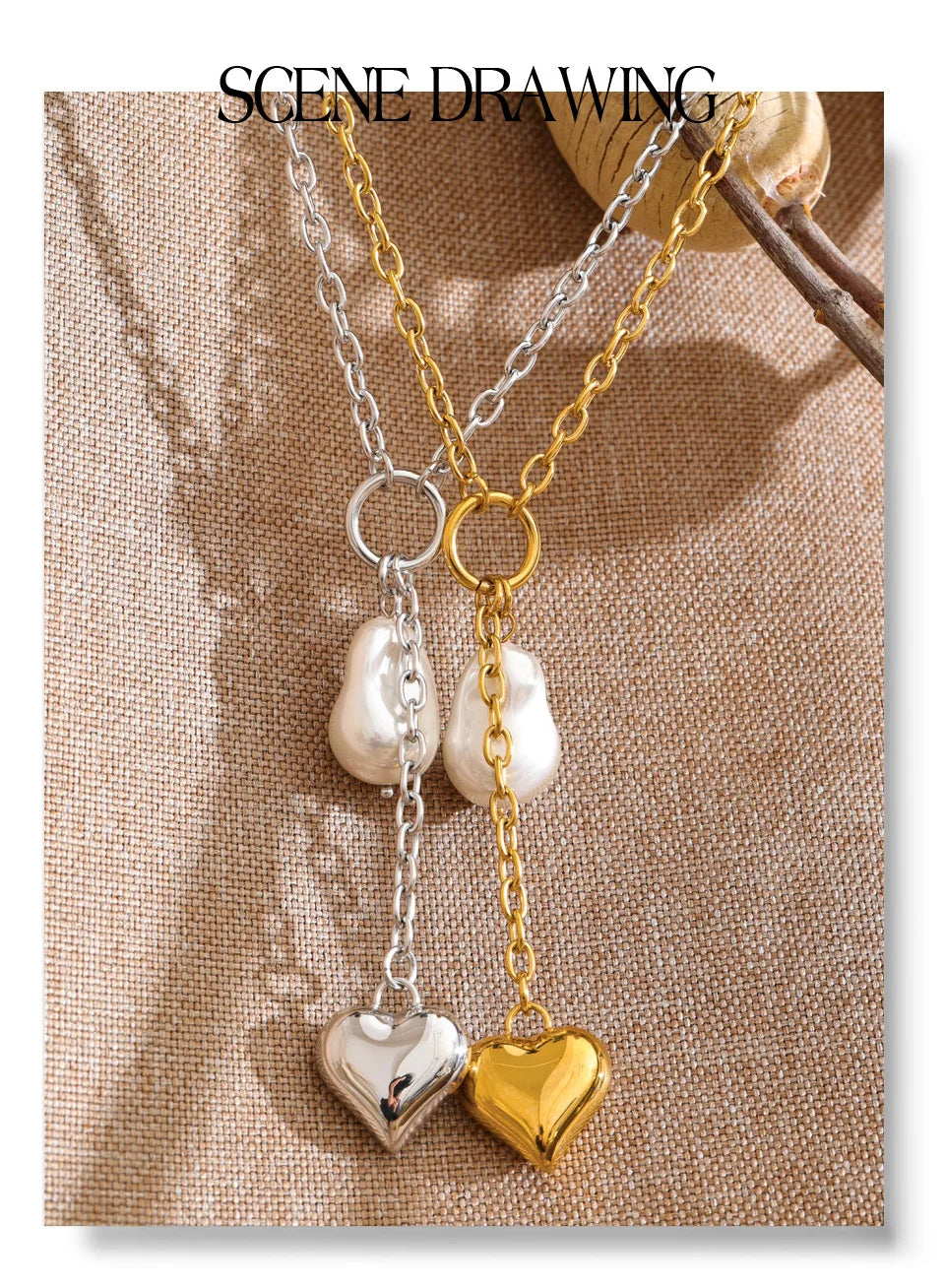 Pearl heart geometric necklace in gold-plated stainless steel with pearl.