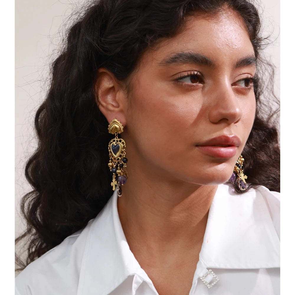 Resin Heart Cross Earrings — Gold-Plated Stainless Steel with Resin
