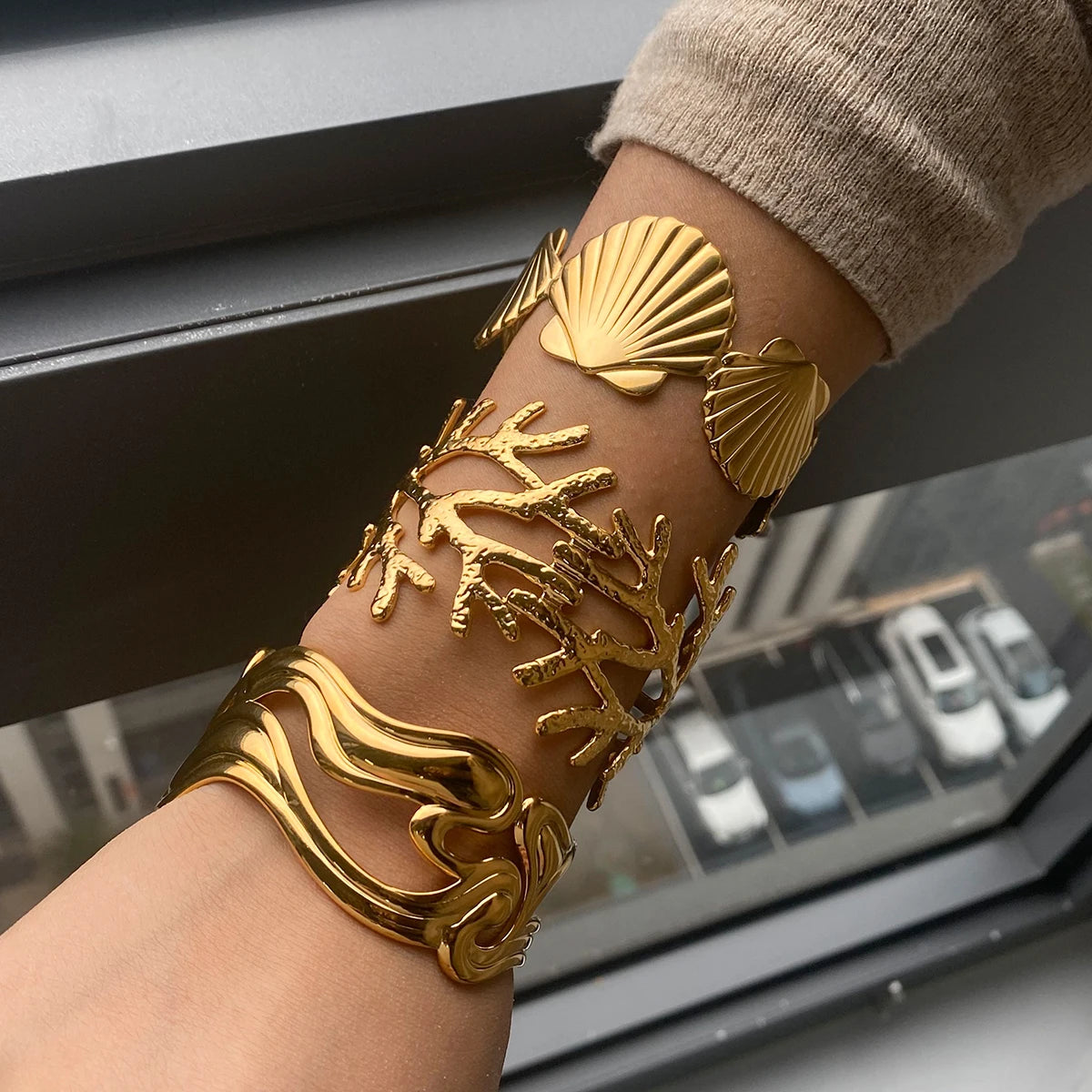 Ocean Shell Wide Cuff Bracelet — Stainless Steel · PS024