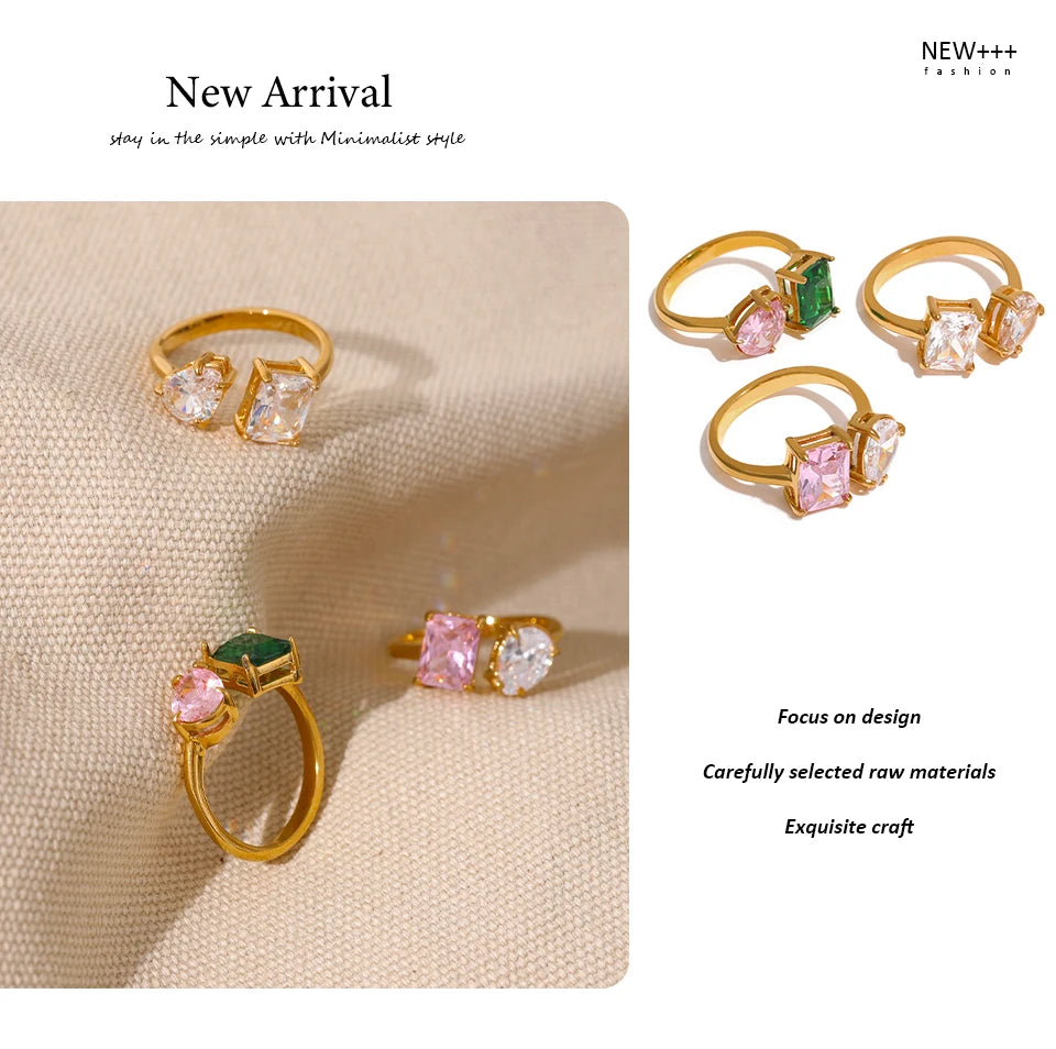 White cubic zirconia geometric ring in 18K gold-plated stainless steel with cubic zirconia.