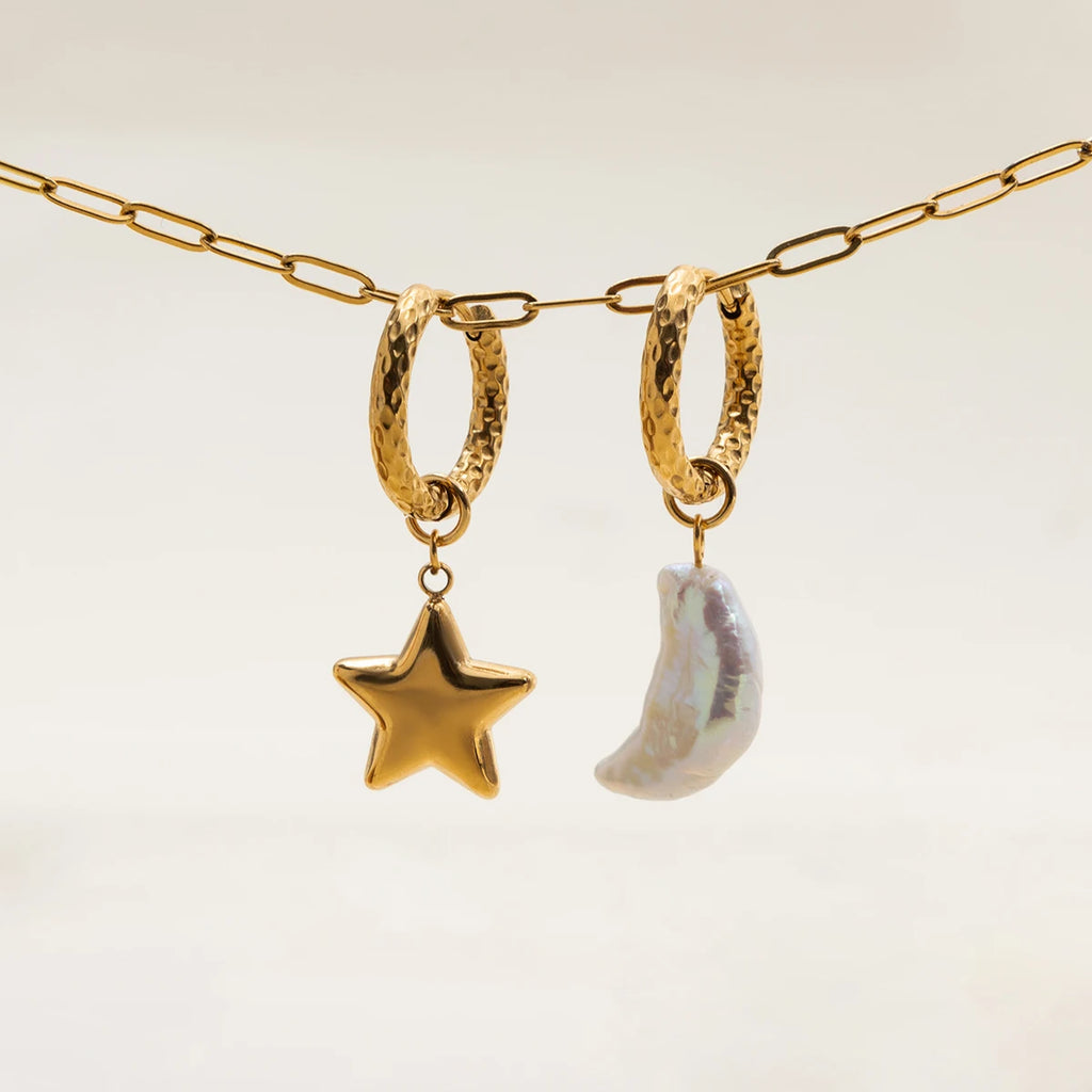 Pearl Moon Star Earrings — Stainless Steel · PS334