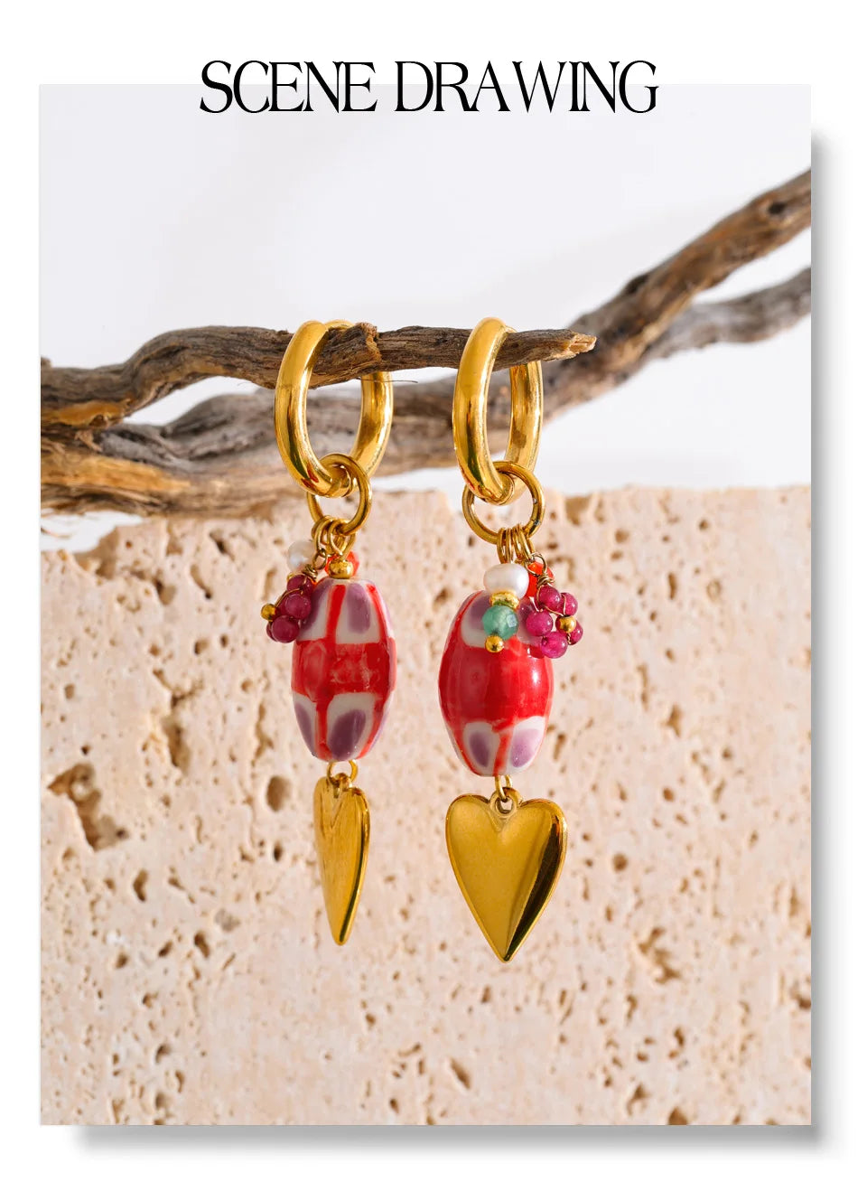 Red heart earrings in gold-plated stainless steel.