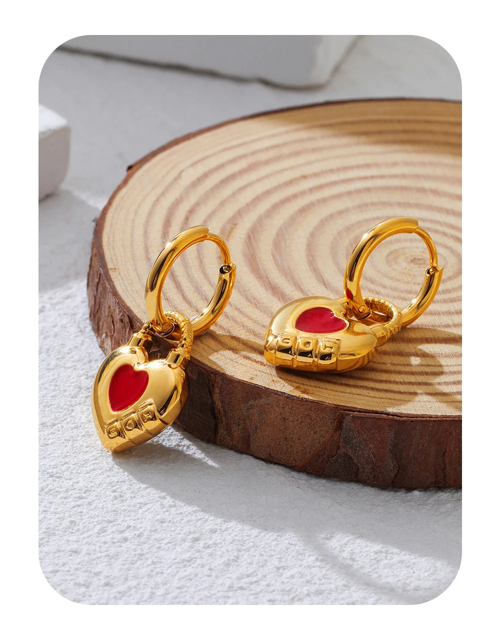 Hoop Earrings Red Enamel Heart — 316L Stainless Steel · PS384