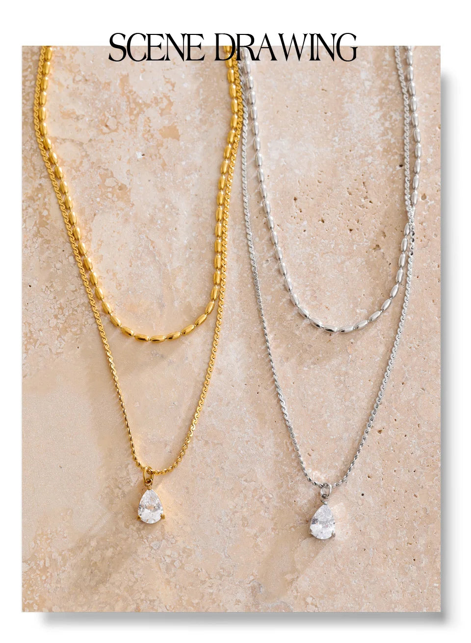 Cubic zirconia geometric layered necklace in gold-plated stainless steel with cubic zirconia.