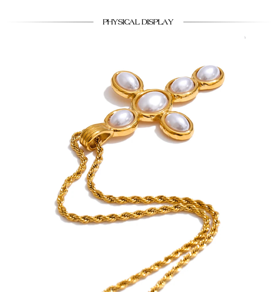 Pearl cross necklace in gold-plated stainless steel with pearl.