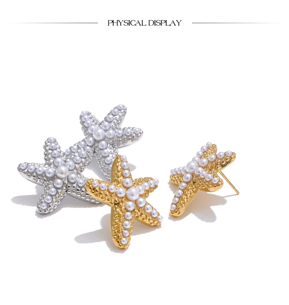 Pearl star earrings in gold-plated stainless steel with pearl.