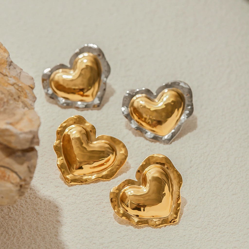 Two-Tone Puffy Heart Earrings — Stainless Steel · PS062
