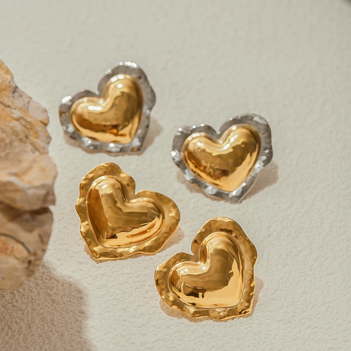Two-Tone Puffy Heart Earrings — Stainless Steel · PS062