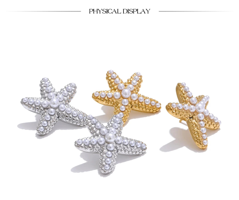 Pearl star earrings in gold-plated stainless steel with pearl.