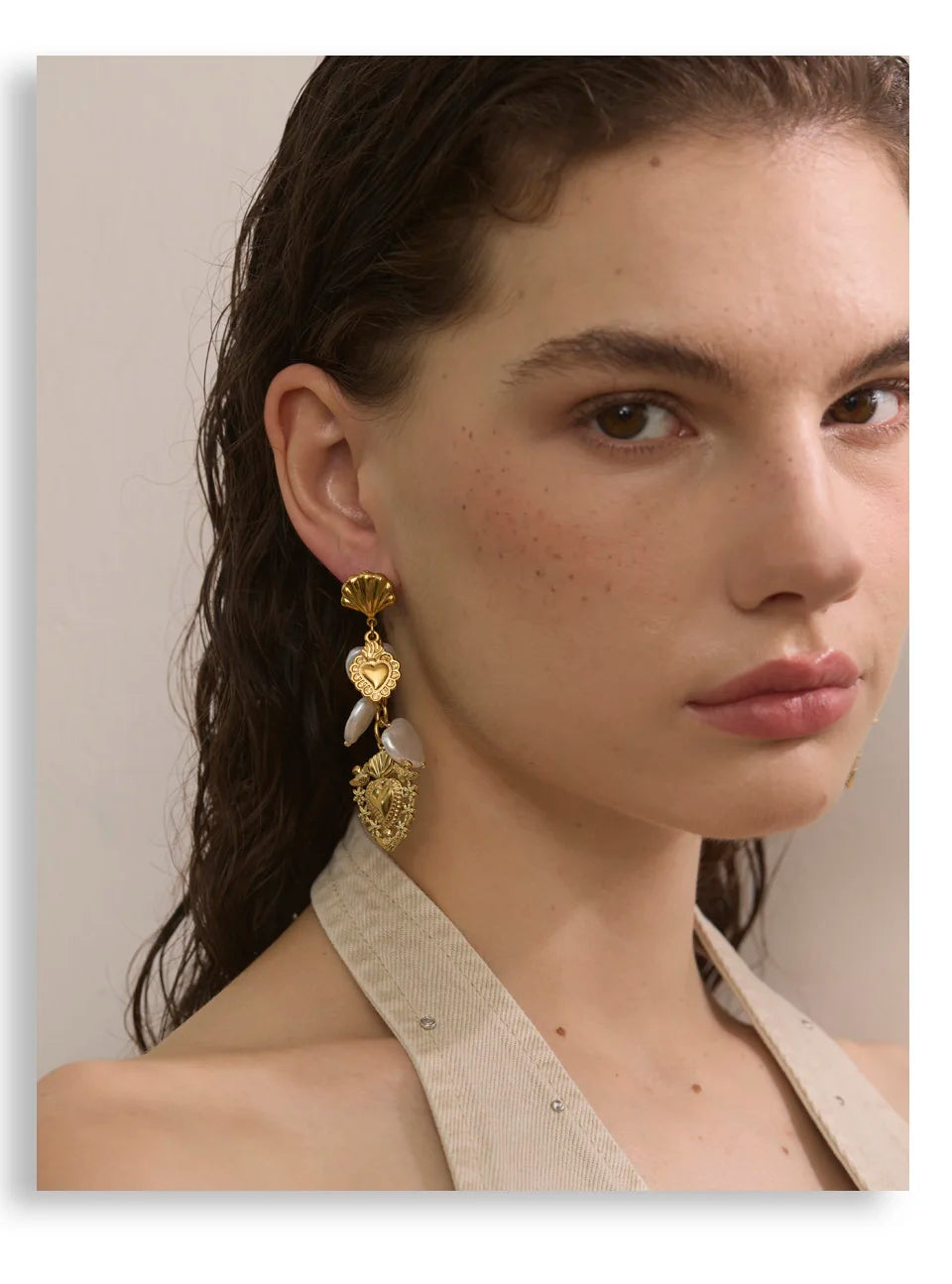 Pearl Heart Earrings — Gold-Plated Stainless Steel with Pearl · PS1587