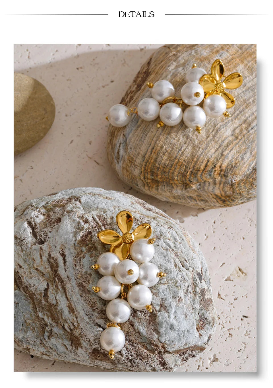 Pearl beaded geometric earrings in gold-plated stainless steel with pearl.
