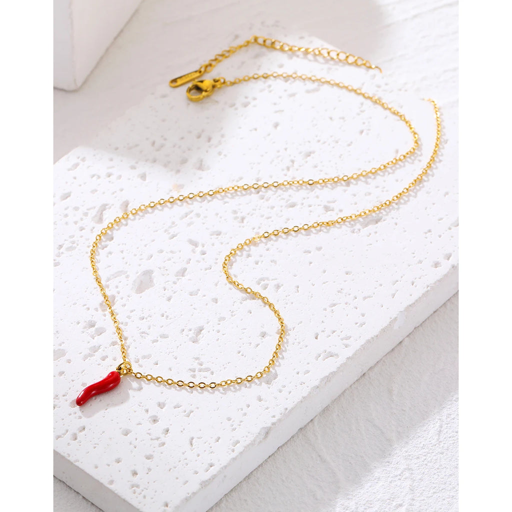 Chain Necklace Enamel Red Hot Pepper Pendant — 316L Stainless Steel · PS474