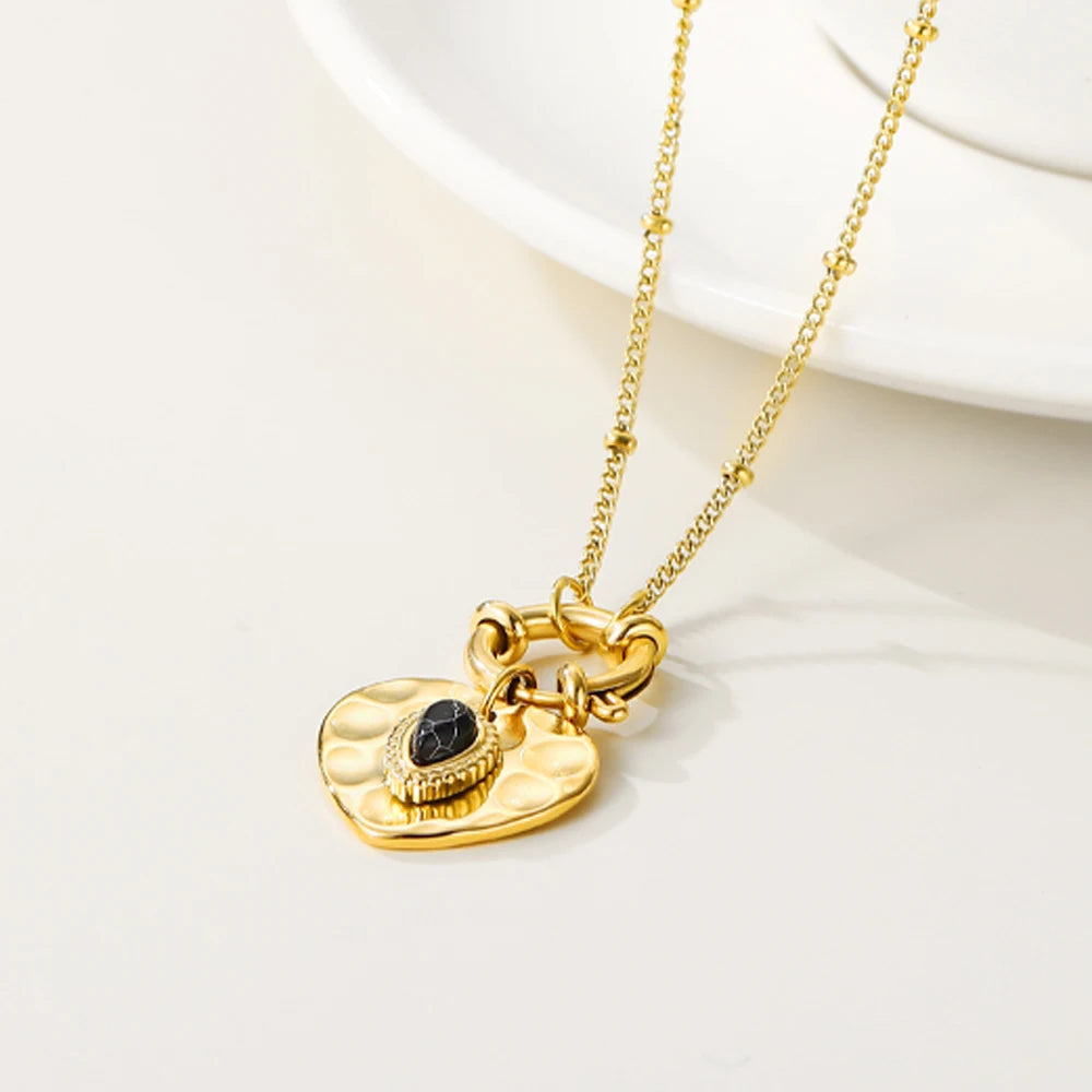 Heart Pendant Necklace Black Natural Stone Metal Texture — 316L Stainless Steel · PS467