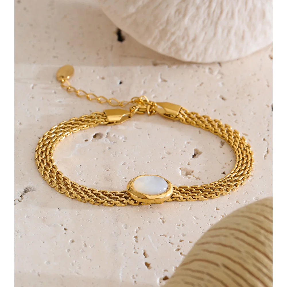 Shell Natural Stone Geometric Bracelet — Gold-Plated Stainless Steel with Natural Stone and Shell · PS1259