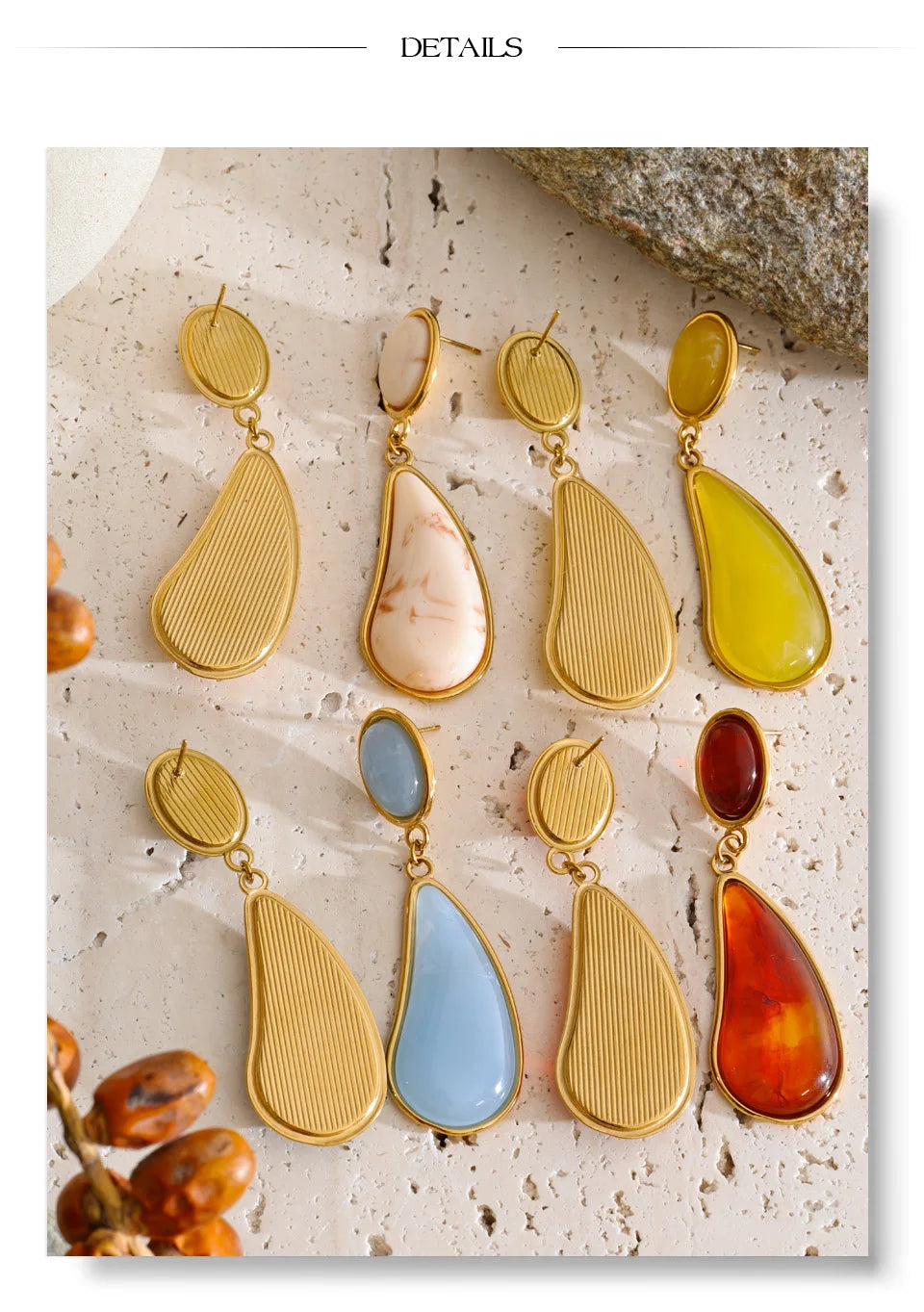 Resin acrylic geometric earrings in gold-plated stainless steel with resin and acrylic.