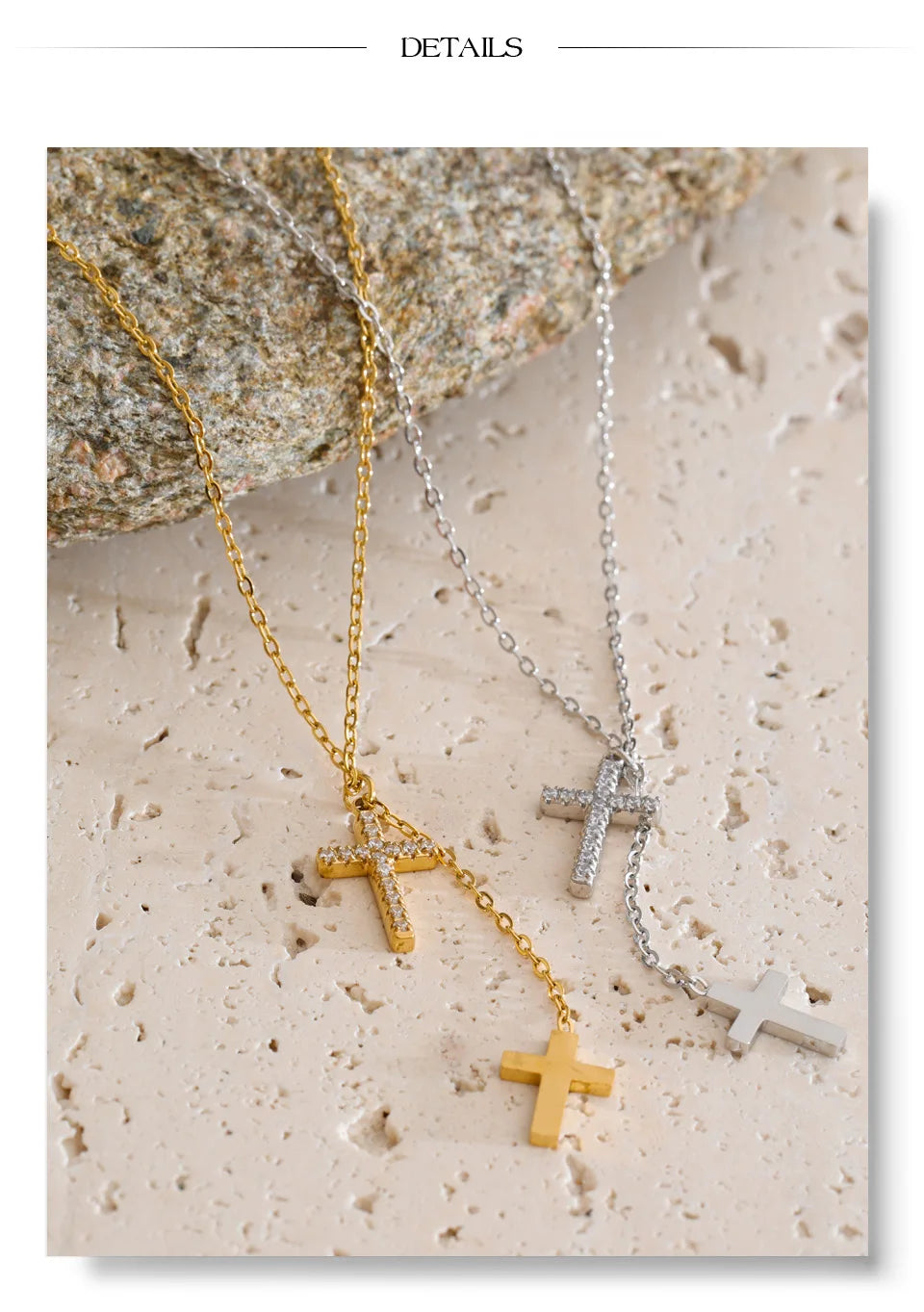 Cubic zirconia cross chain necklace in gold-plated stainless steel with cubic zirconia.