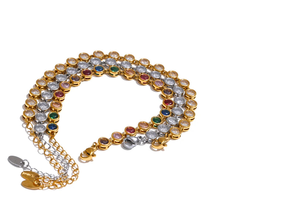 Cubic zirconia multi-color geometric necklace in gold-plated stainless steel with cubic zirconia.