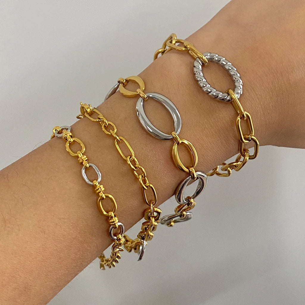Two-Tone Link Charm Bracelet Stack — Stainless Steel · PS036