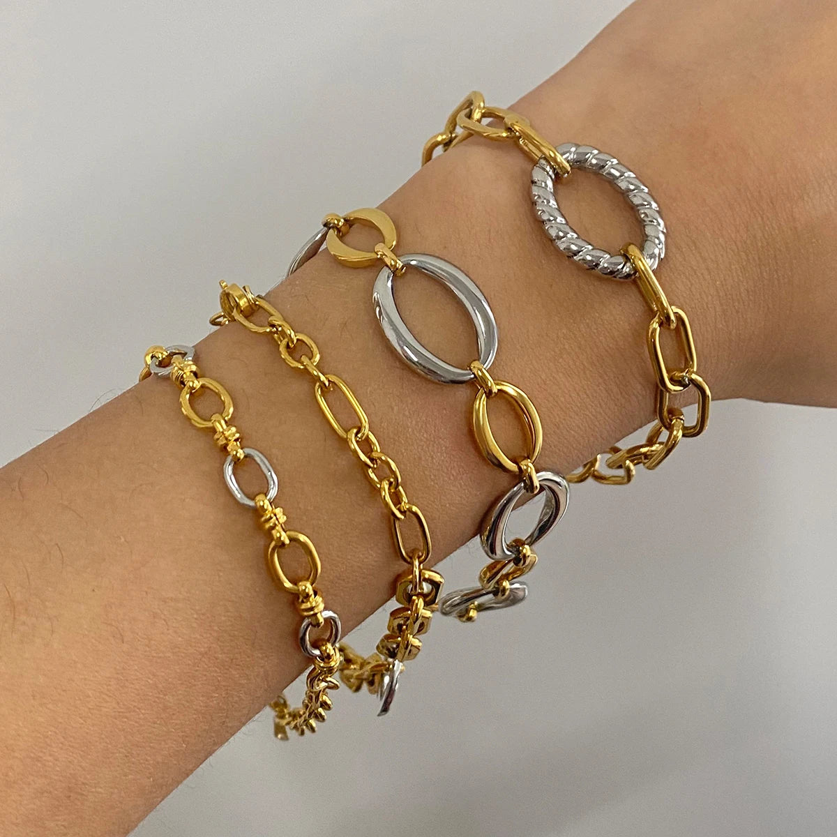Two-Tone Link Charm Bracelet Stack — Stainless Steel · PS036