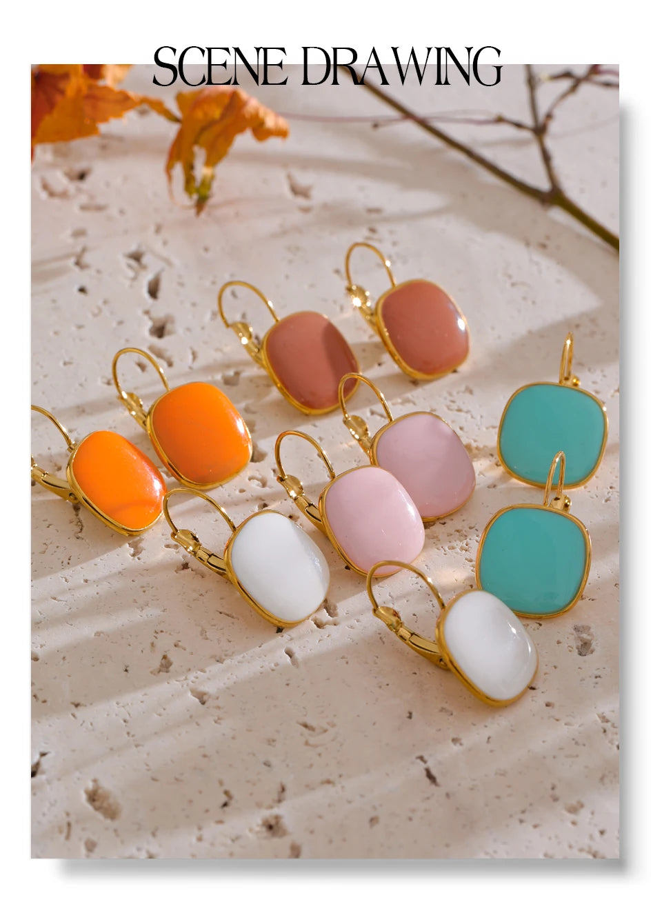 Enamel geometric earrings in gold-plated stainless steel with enamel.