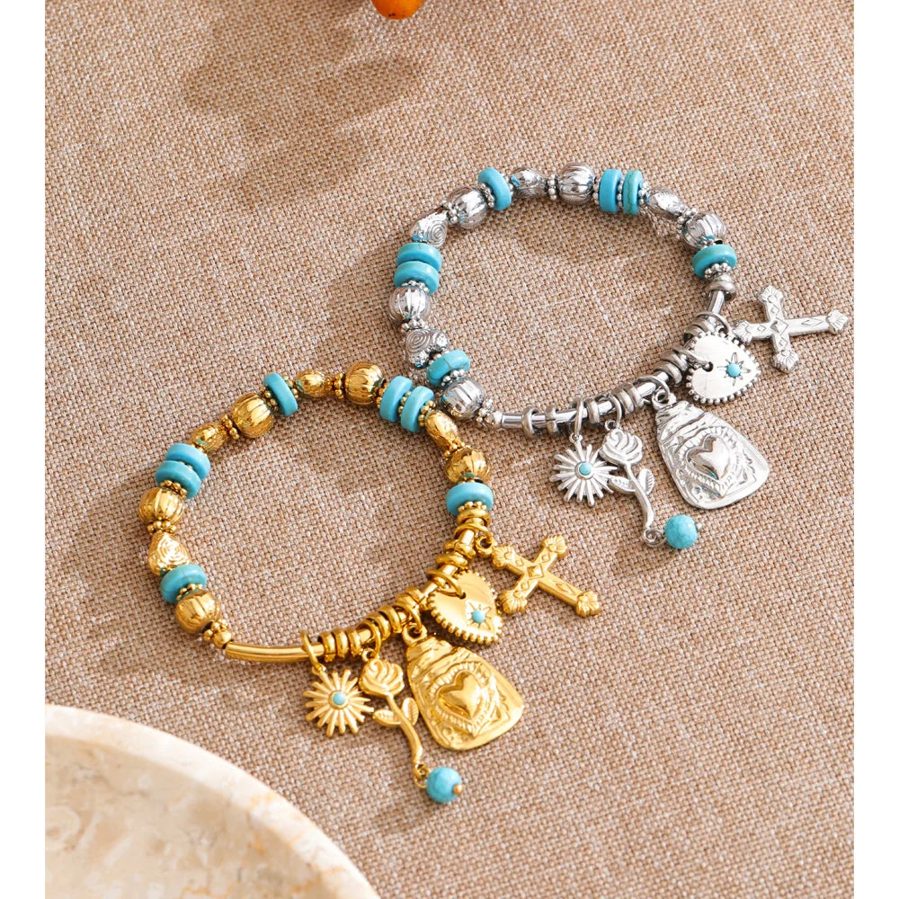 Natural Stone Heart Flower Bracelet — Gold-Plated Stainless Steel with Natural Stone · PS1086