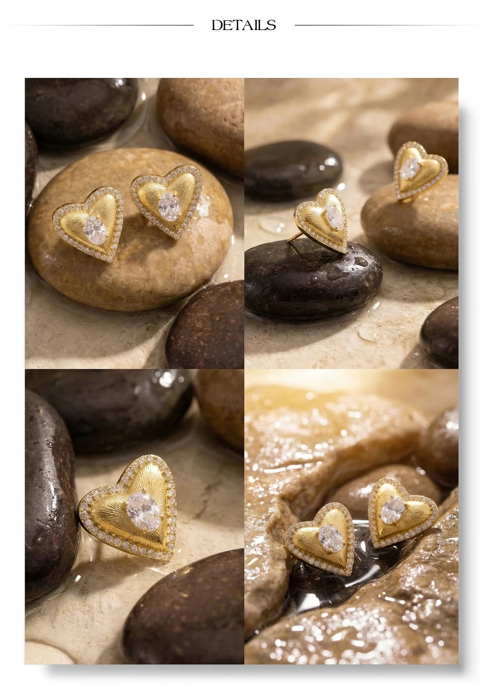 Cubic zirconia heart earrings in gold-plated stainless steel with cubic zirconia.