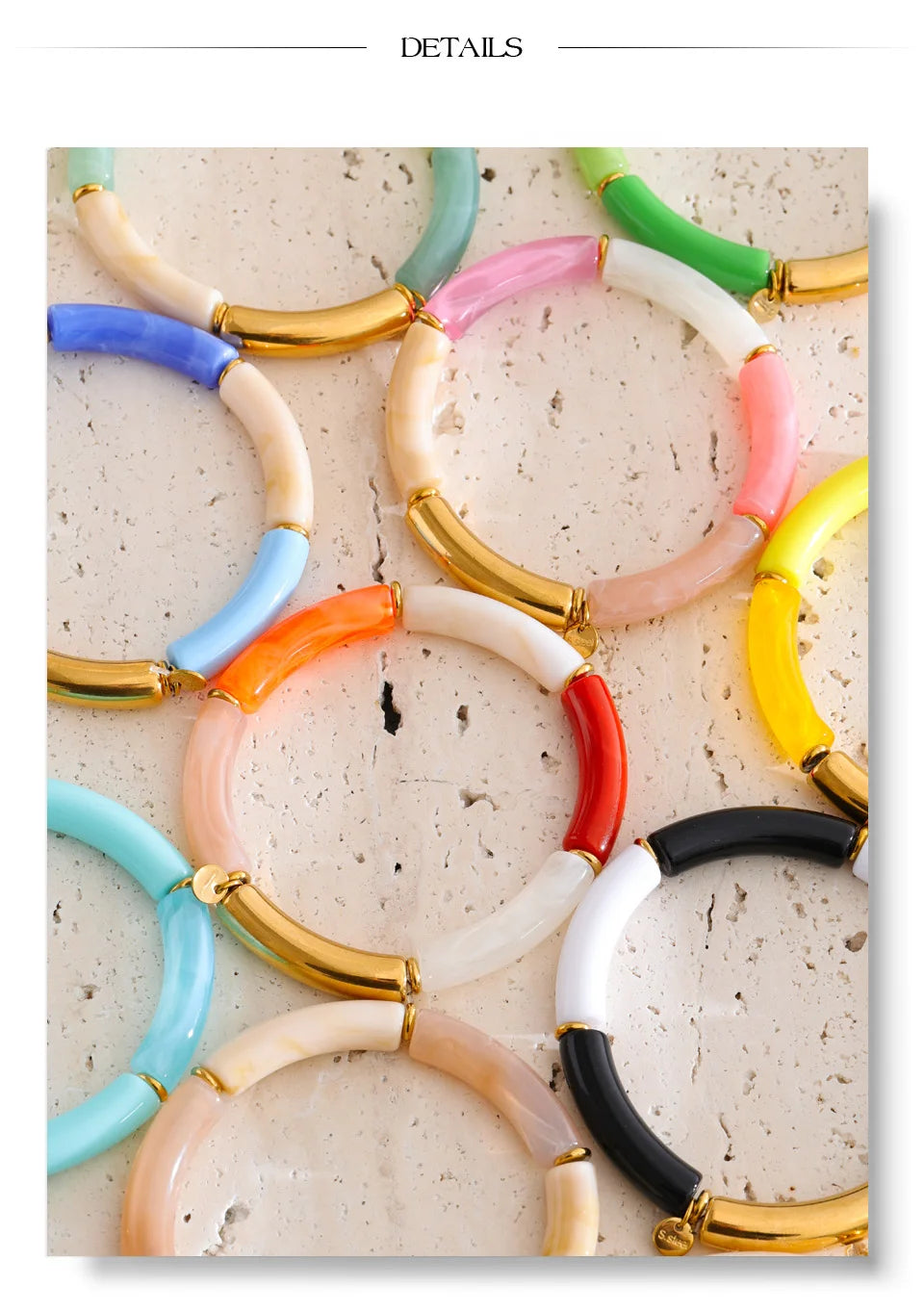 Resin acrylic geometric bracelet in gold-plated stainless steel with resin and acrylic.