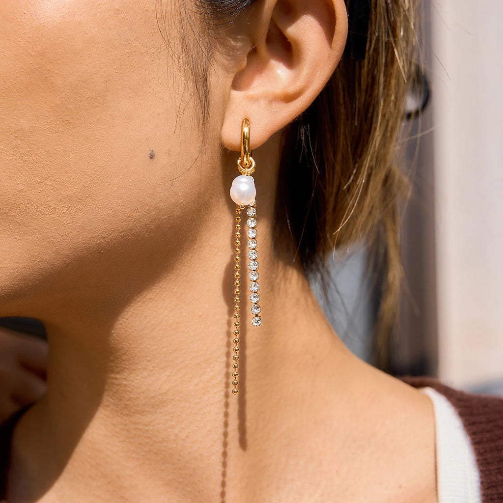 Pearl Chain Ear Cuff Earrings — Stainless Steel · PS084