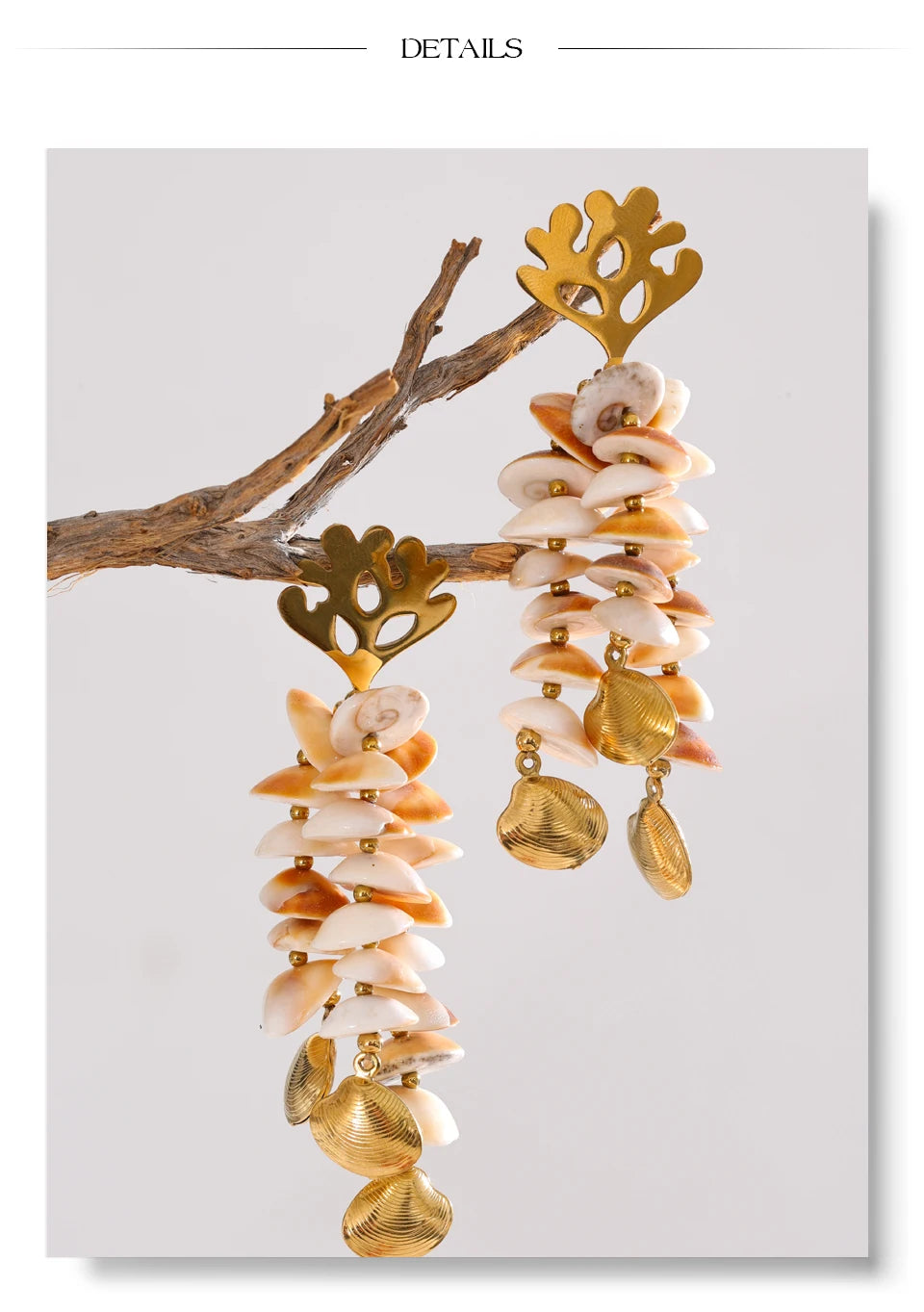 Shell geometric earrings in gold-plated stainless steel with shell.