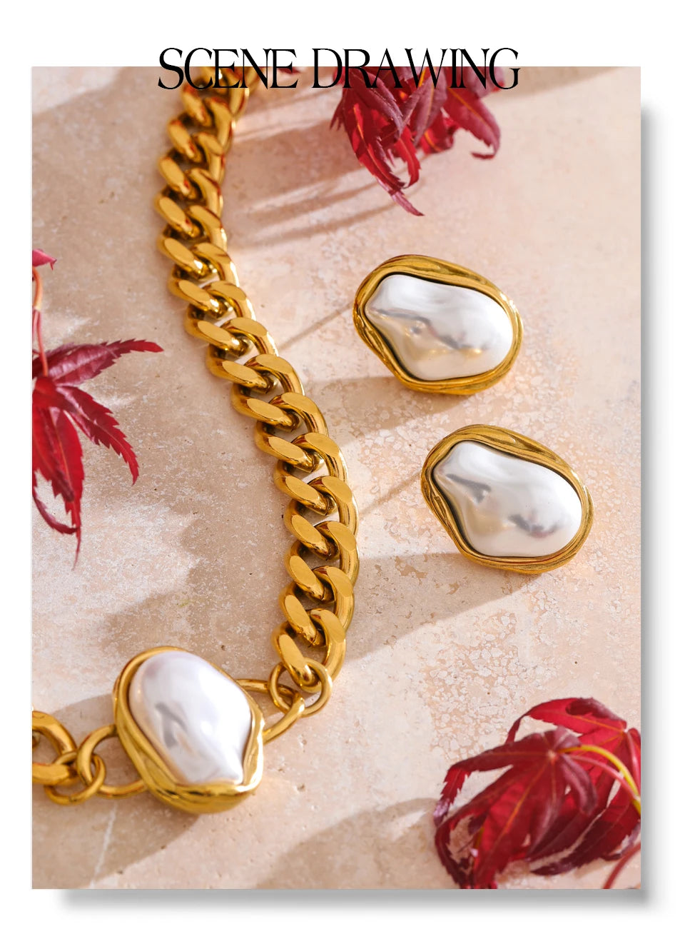 Pearl geometric chain earrings in gold-plated stainless steel with pearl.