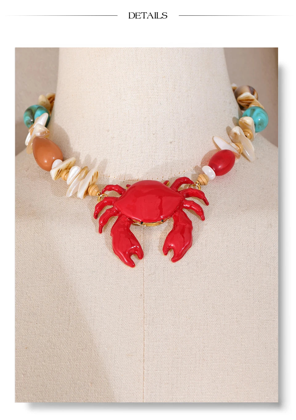 Red shell resin necklace in gold-plated stainless steel with natural stone and shell.