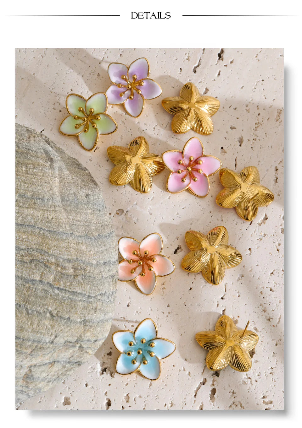 Enamel flower multi-color earrings in gold-plated stainless steel with enamel.