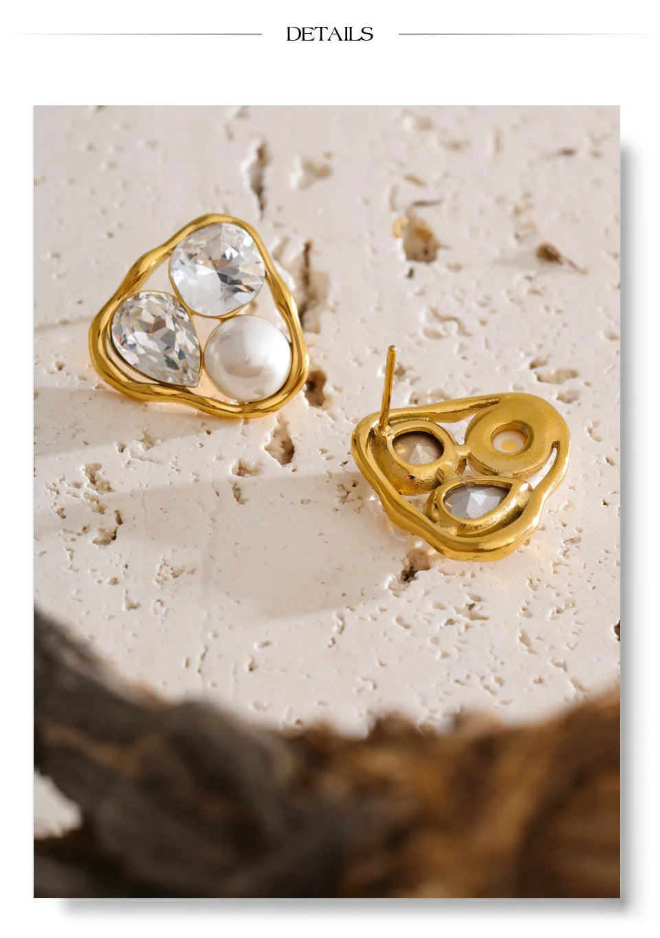 Cubic Zirconia Pearl Geometric Earrings — Gold-Plated Stainless Steel with Pearl and Cubic Zirconia · PS1441