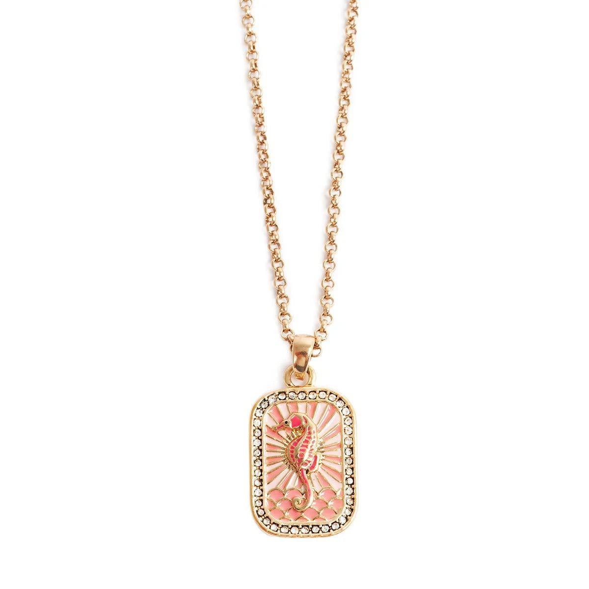 Colored Tarot Card Necklace Square Zirconia Pendant Seahorse Dolphin Brown Tree Marine Life Clavicle Chain Female