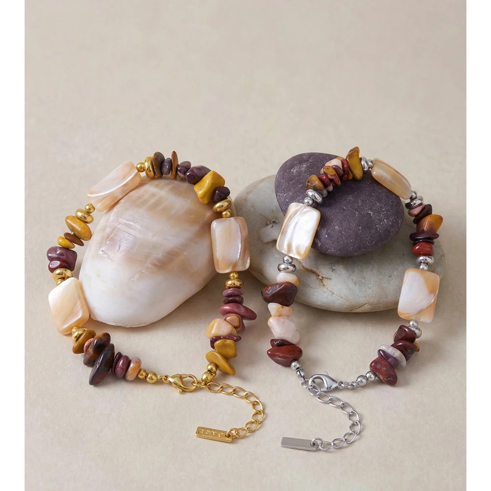 Shell Natural Stone Geometric Bracelet — Gold-Plated Stainless Steel with Natural Stone and Shell · PS1168