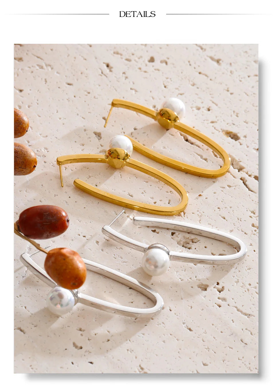 Pearl geometric earrings in gold-plated stainless steel with pearl.
