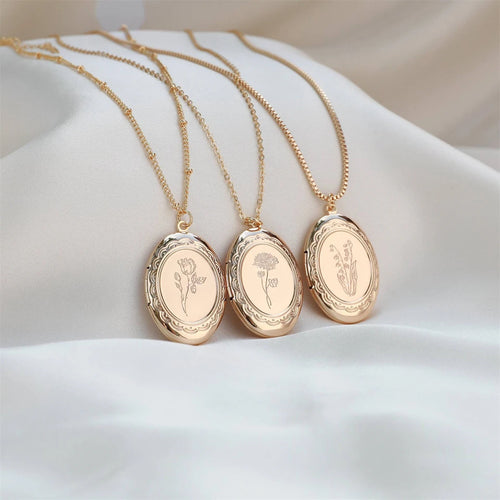 December Flower Opening and Closing Album Necklace Oval Flower Pendant Birth Flower Clavicle Chain Gold Plated Color Preserved