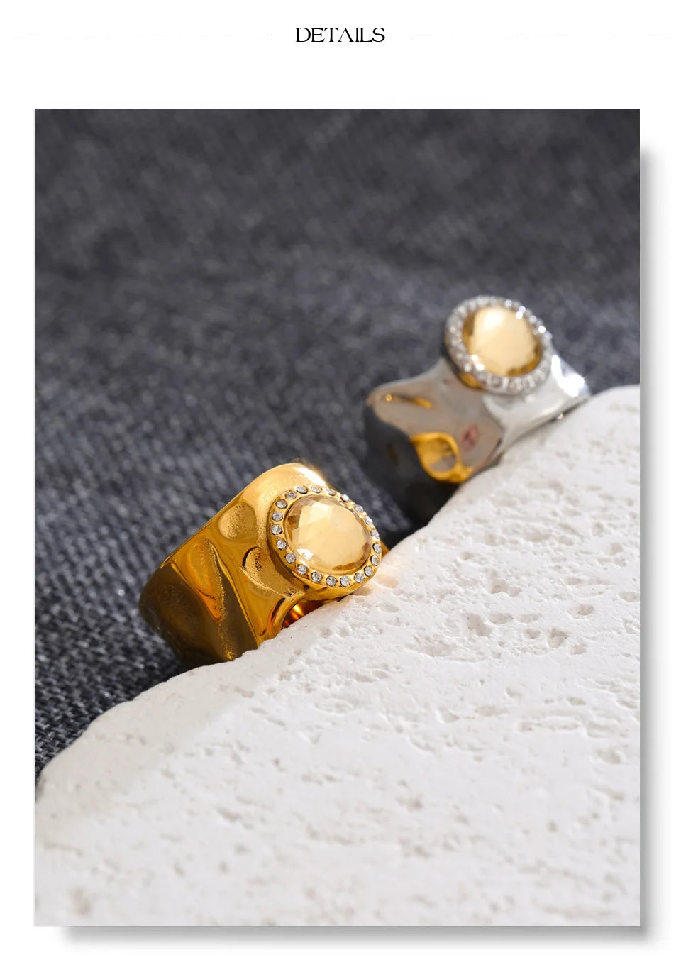 Cubic zirconia geometric ring in 18K gold-plated stainless steel with cubic zirconia.