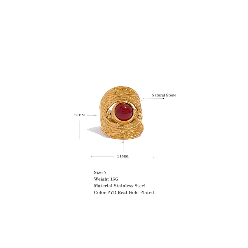 Red natural stone vintage ring in gold-plated stainless steel with natural stone.
