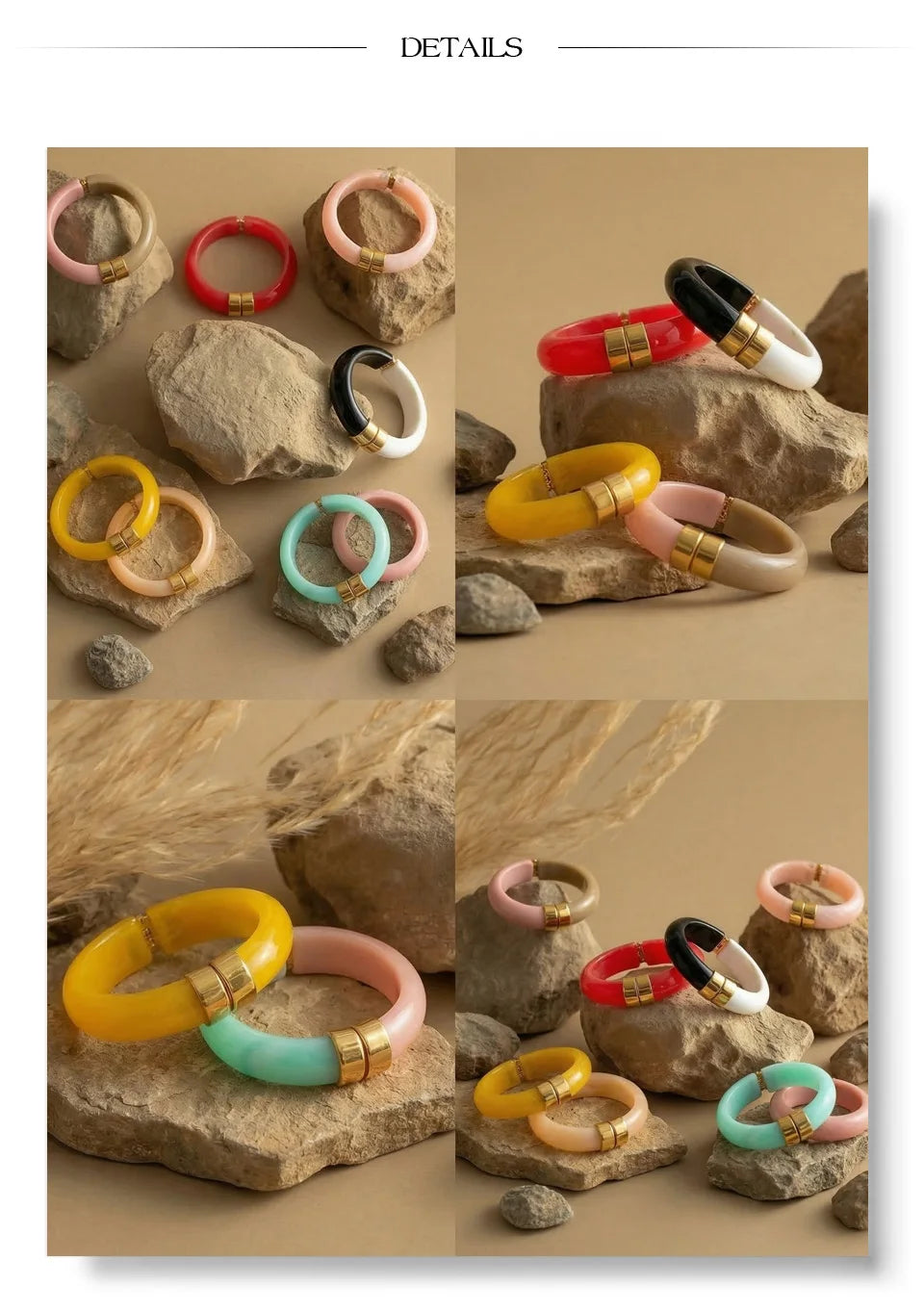 Resin acrylic geometric bracelet in gold-plated stainless steel with resin and acrylic.
