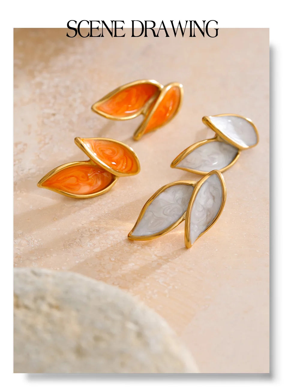 White enamel earrings in gold-plated stainless steel with enamel.