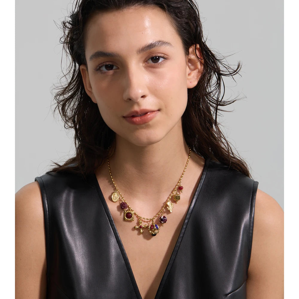 Resin acrylic cross necklace in gold-plated stainless steel with resin and acrylic.