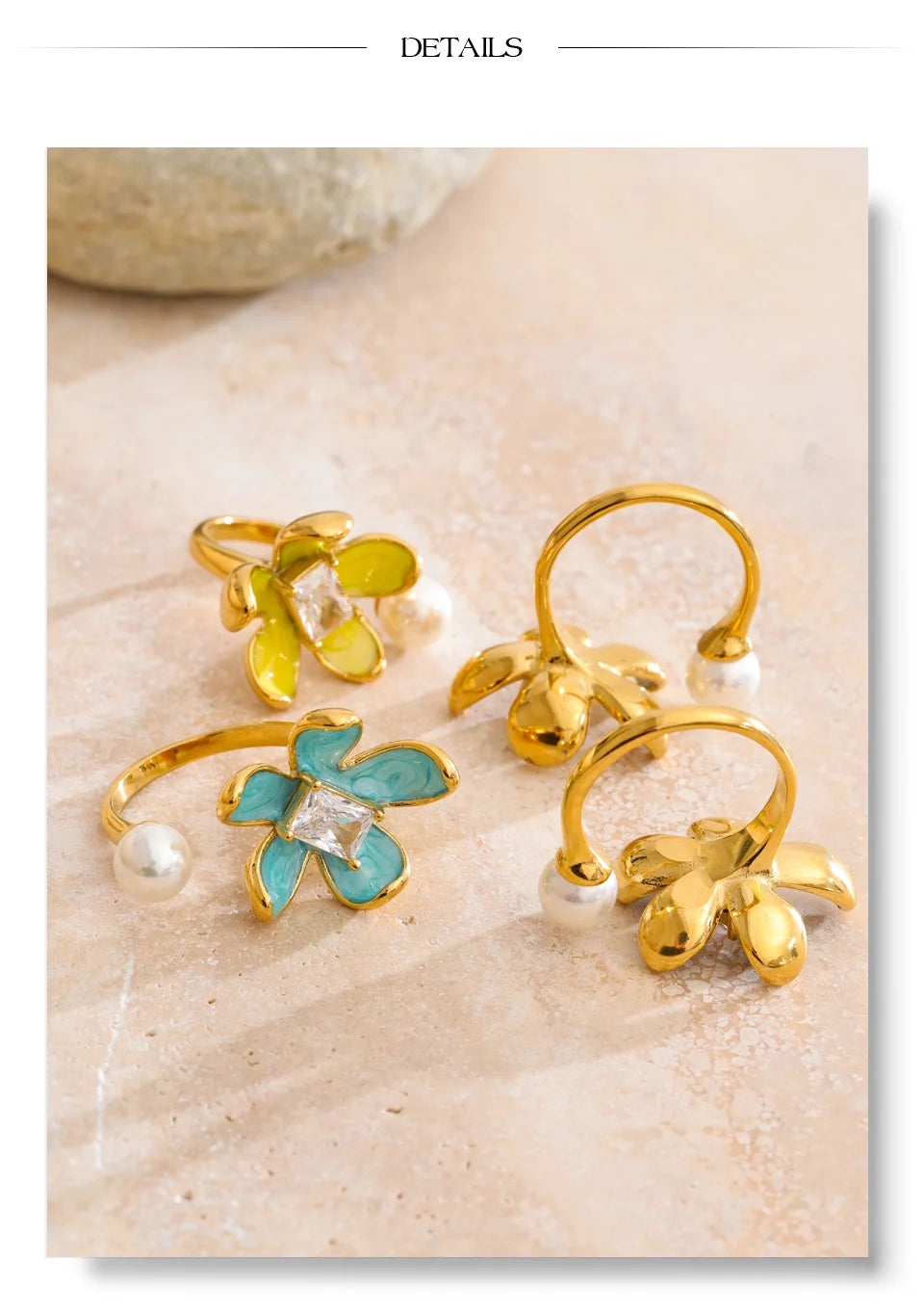 Cubic zirconia enamel flower ring in gold-plated stainless steel with cubic zirconia and enamel.