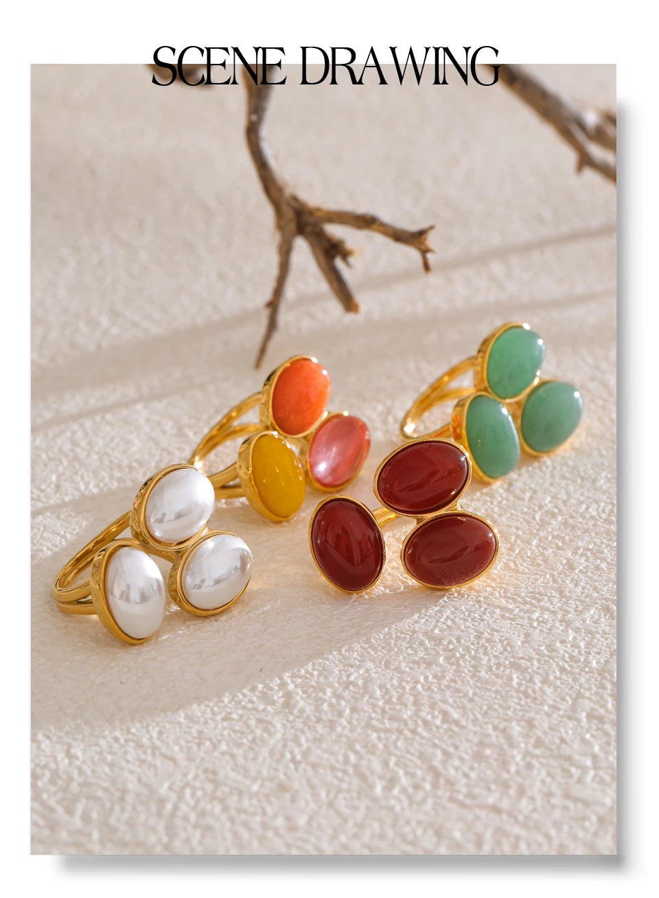 Pearl shell natural stone ring in 18K gold-plated stainless steel with pearl and natural stone.