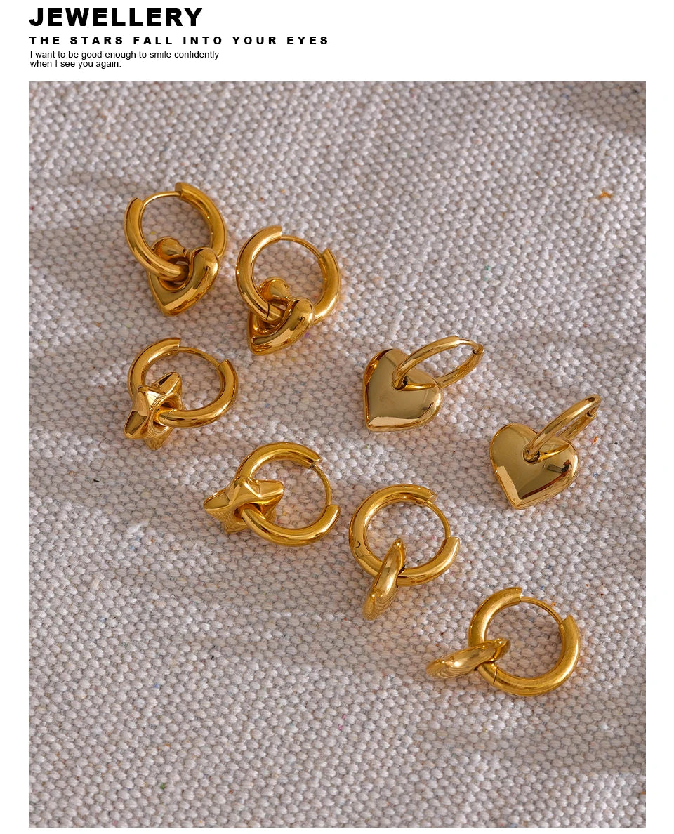 Heart star moon earrings in gold-plated stainless steel.