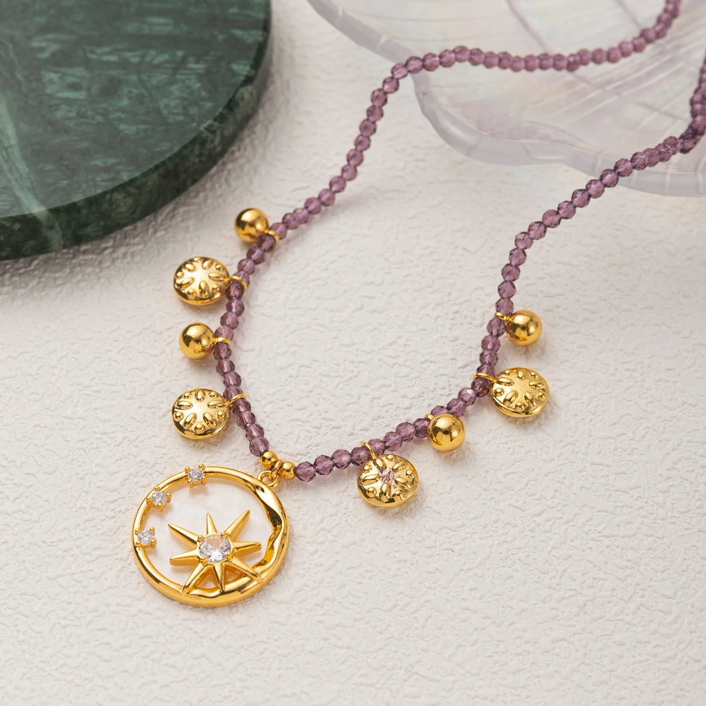 Stars, Radiance, Octagonal Stars, Moon, Colorful Beads, Necklace, Flowers, Purple, Diamonds, Dripping Oil