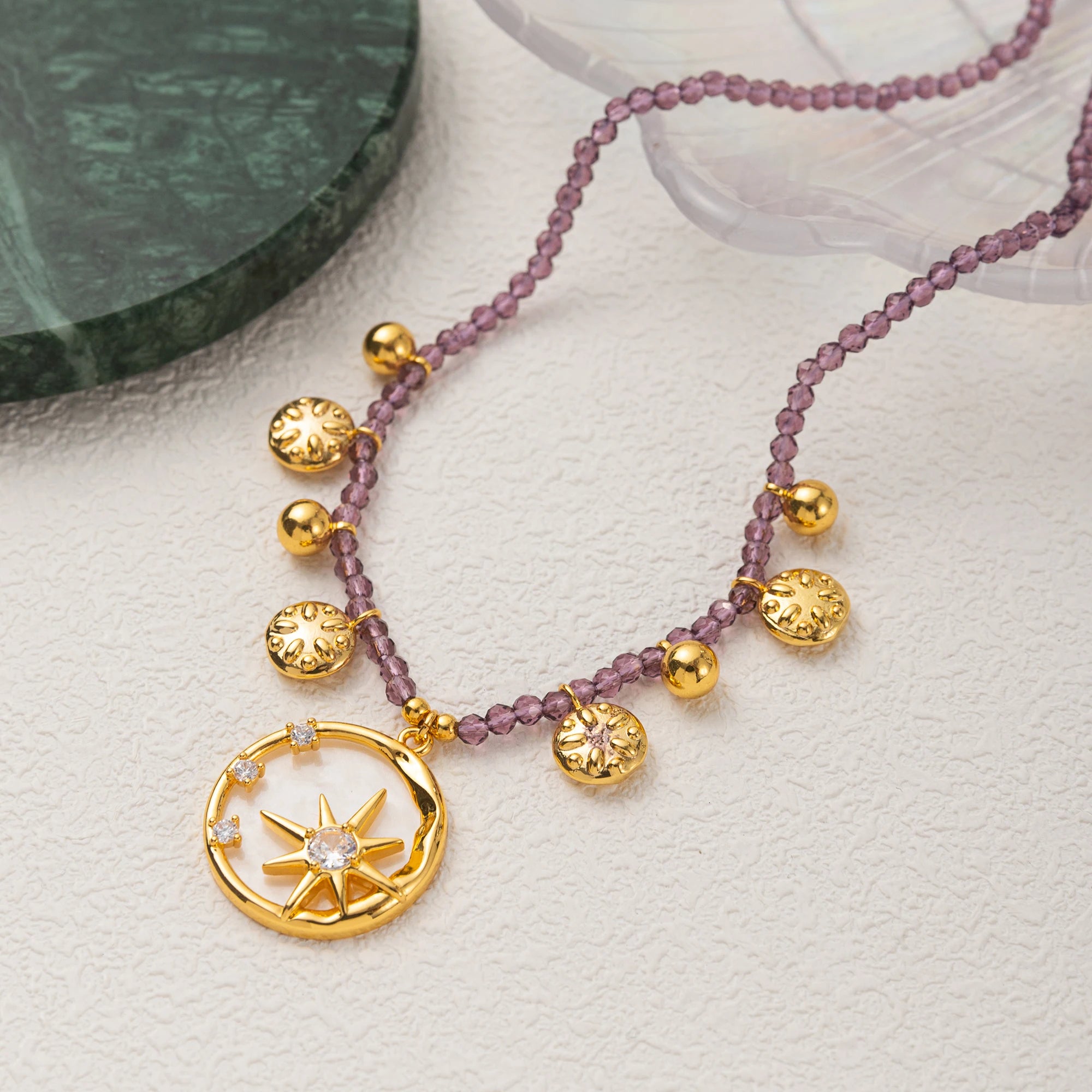 Stars, Radiance, Octagonal Stars, Moon, Colorful Beads, Necklace, Flowers, Purple, Diamonds, Dripping Oil