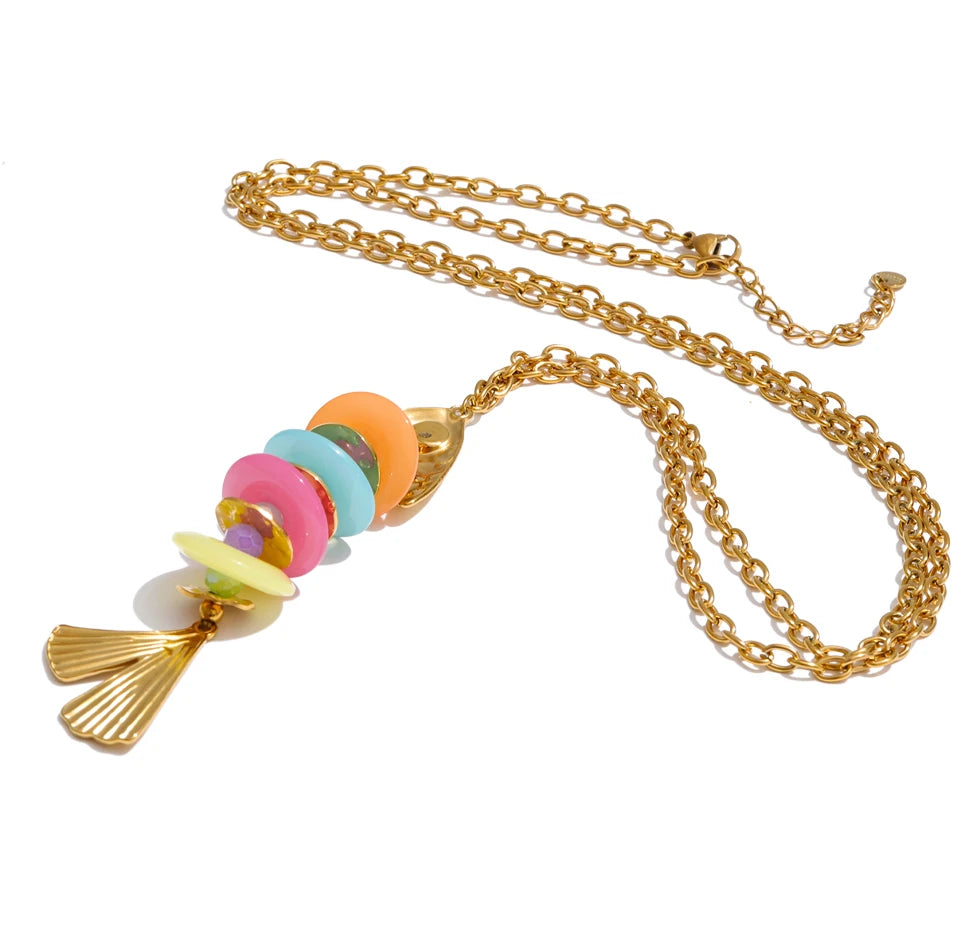 Resin Multi-Color Geometric Necklace — Gold-Plated Stainless Steel with Resin · PS2307
